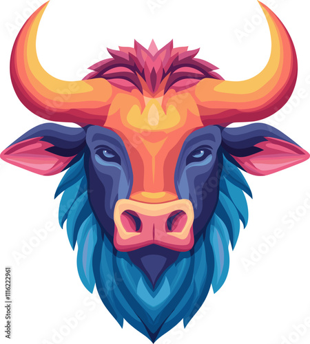 Colorful illustration of a bull head cartoon isolated on transparent background.