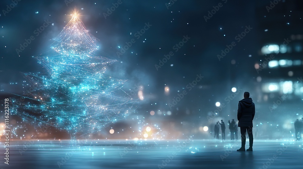 Naklejka premium New Year is a celebration of joy festivity tradition fireworks cheers and resolutions for the future. Enchanting Winter Night with Glowing Christmas Tree Lights