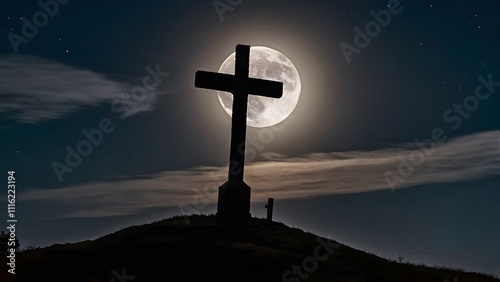 Cross on a Hill Silhouetted by a Bright Full Moon and Starry Sky