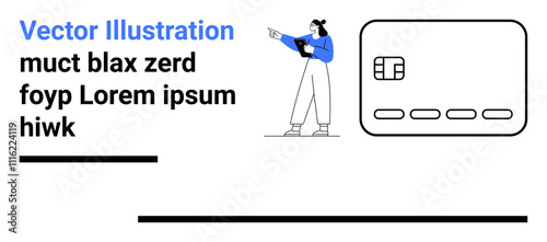 Person holding a tablet pointing beside a simplified credit card graphic with placeholder text. Ideal for financial presentations, online banking, fintech apps, payment methods, credit card