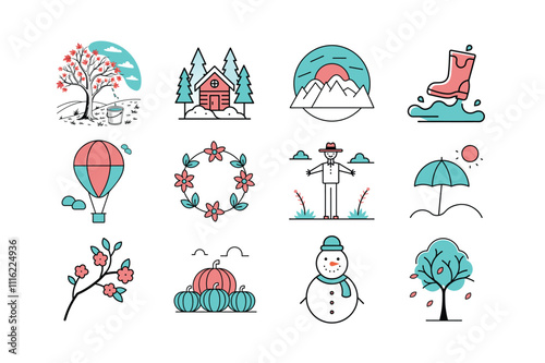 Seasonal Outline Icons Set Nature, Holidays, and Weather Themes