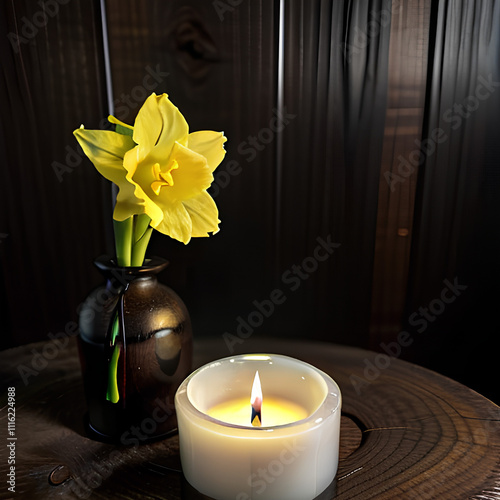 aroma candles with daffodils in an usual vase 