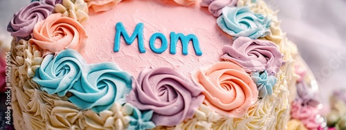 close-up of a cake with the inscription mom. Selective focus