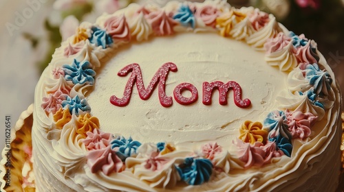 close-up of a cake with the inscription mom. Selective focus