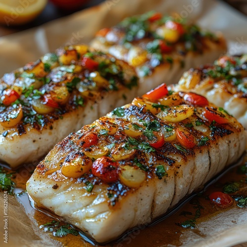 an exquisite dish featuring Sea Bass en Papillote, Steamed Sea Bass in Parchment Paper photo