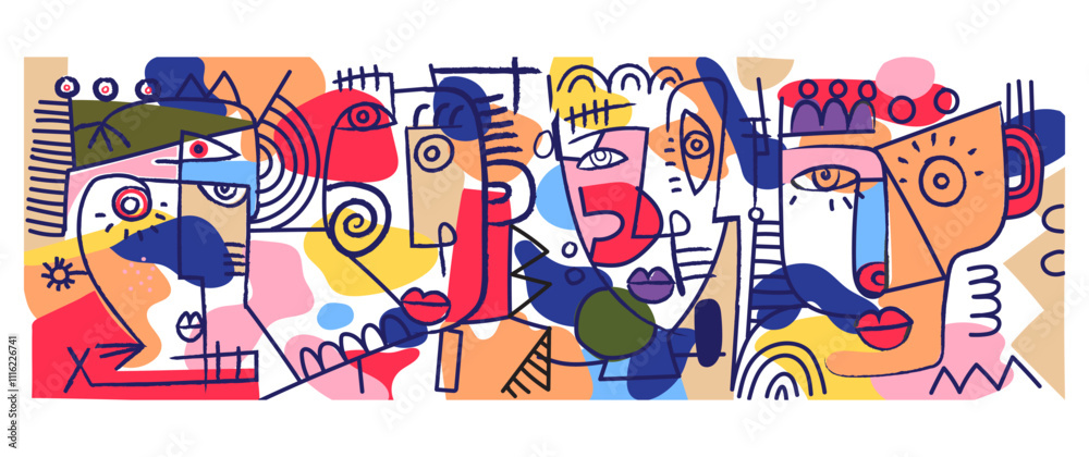 Fototapeta premium Group of abstract face portrait doodle, geometric line art hand drawn vector illustration. Artistic design for wall art, prints, poster, cover and decoration.