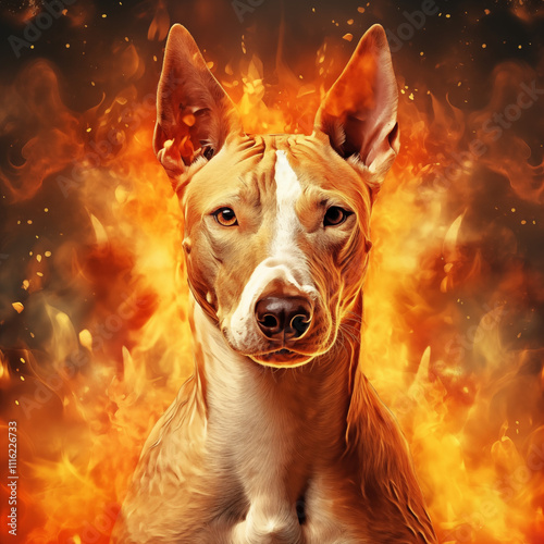 A bull terrier in a sea of flames photo