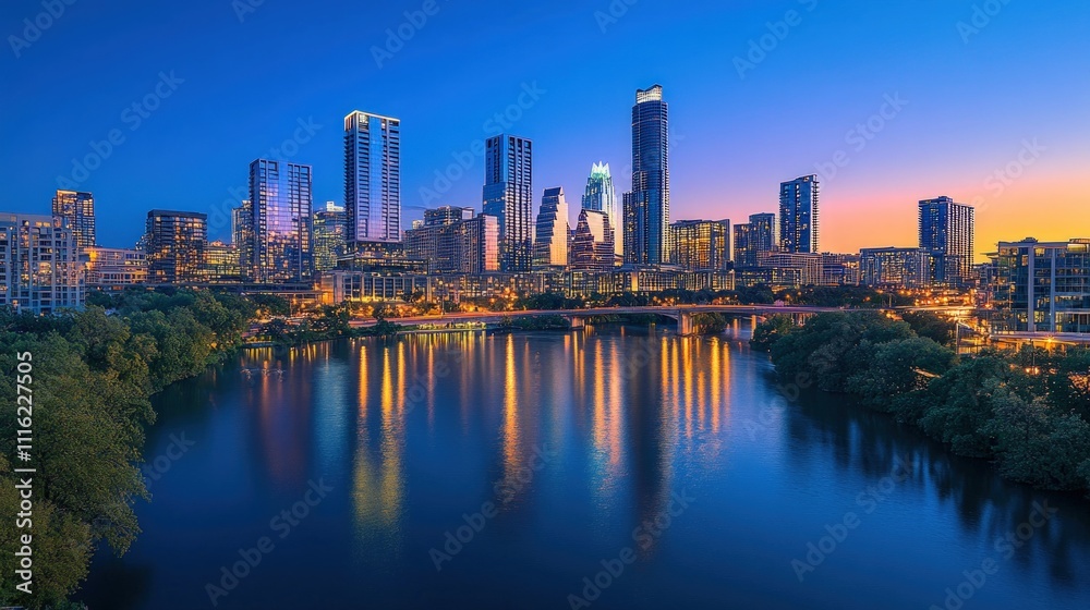 Fototapeta premium Austin skyline reflected in twilight water.