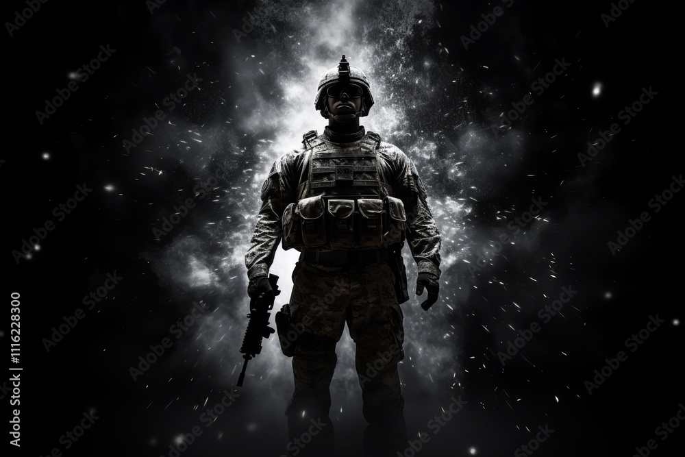 Fototapeta premium Somber soldier silhouettes in black and grey evoke the deep emptiness and despair of war.