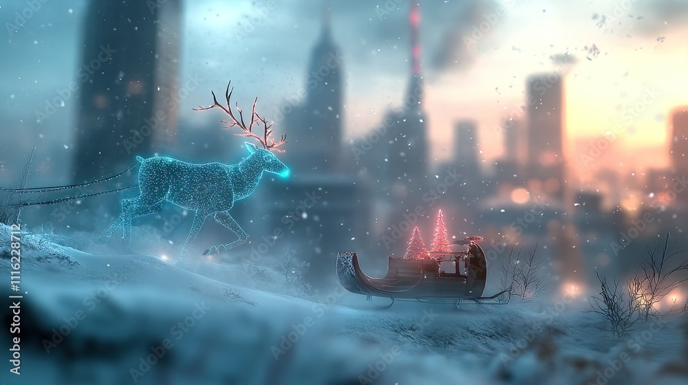 Fototapeta premium New Year is a celebration of joy festivity tradition fireworks cheers and resolutions for the future. Magical Winter Scene with Animated Reindeer and Sleigh