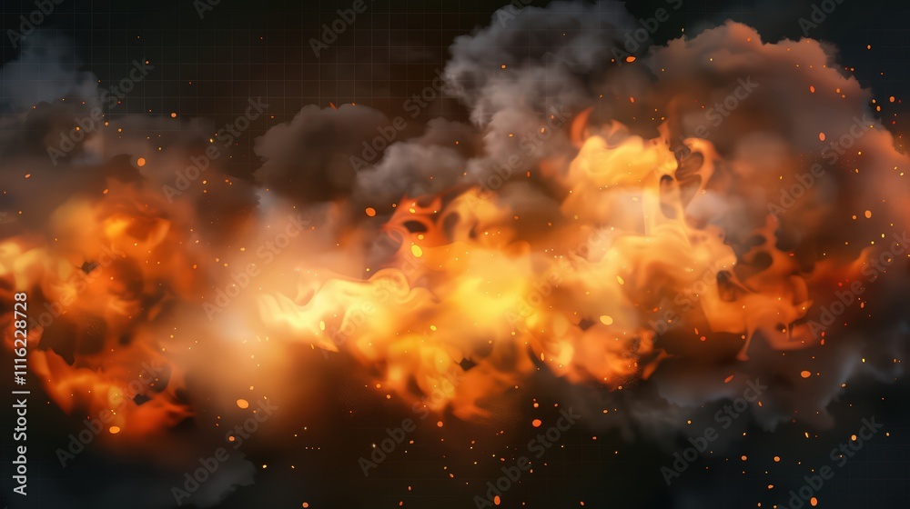 Fire spark overlay with smoke and flame background. Grill heat glow . Realistic flying orange sparkle abstract illustration. Hell bonfire fiery with hot cinder Fire spark overlay with smoke and flame background. Grill heat glow . Realistic flying orange sparkle abstract illustration. Hell bonfire fiery with hot cinder