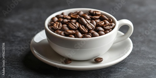 Roasted coffee beans displayed in a white cup accompanied by a saucer, set against a dark gray backdrop, highlight the rich texture and aroma of roasted coffee beans. photo