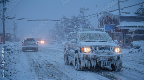 severe ice storm impacts urban area leaving buildings and roads heavily coated ice obstructing travel and creating treacherous conditions residents.
