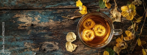 Close up of plantain tea. Selective focus photo