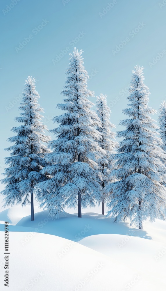 Fototapeta premium Five pine trees blanketed in snow on a snowdrift with a simple blue backdrop in 3d render
