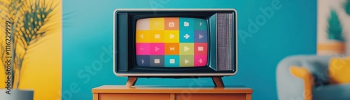 Old CRT television set displaying pixelated modernday apps nostalgia focus on ethereal blend mode suburban living room backdrop