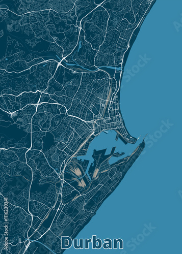 This detailed map showcases the city of Durban, South Africa, with a focus on its street network and coastline. The map is rendered in a minimalist style, using a dark blue background with white lines