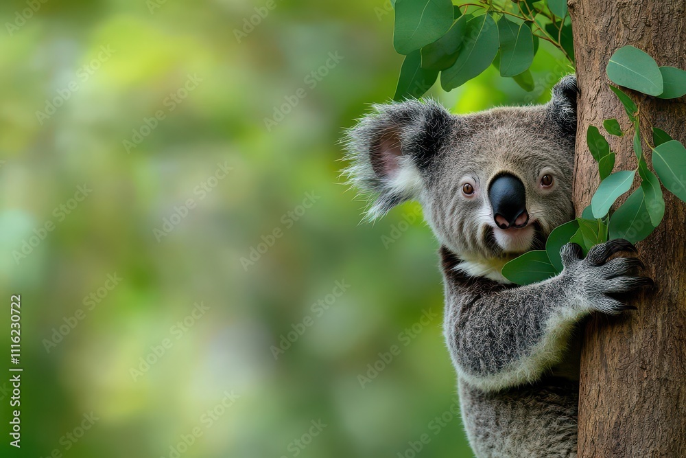 Fototapeta premium Koala clinging to a eucalyptus tree, peacefully munching on leaves focus on ethereal, composite, forest backdrop
