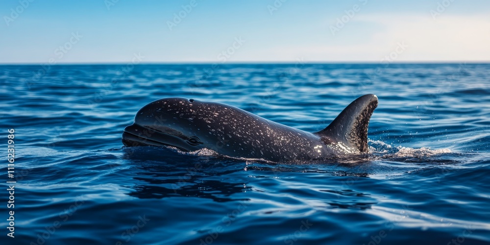 Obraz premium Rare sighting of a pilot whale during a whale watching tour in the Mediterranean. This unique experience offers an unforgettable opportunity to observe the majestic pilot whale in its natural habitat.