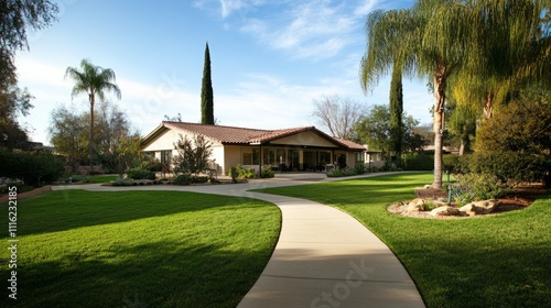 Outside the senior care facility there is a well-maintained garden and welcome entrance. Emphasize the comfort and dignity of the living environment of the elderly.