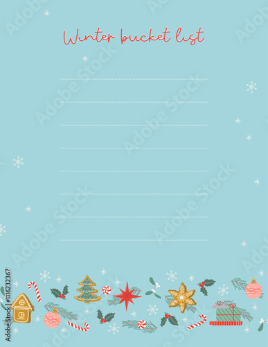 Winter bucket list. Holiday vintage blank for planning. Christmas template. Hand drawn flat design vector illustration.