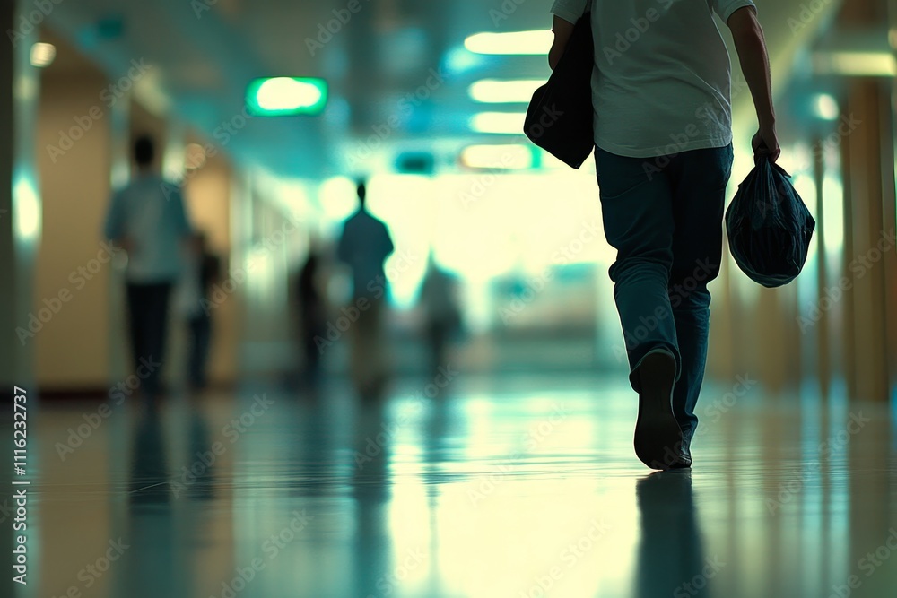 A solitary figure walking through a modern corridor of a bustling public space, emphasizing movement and blur against the vibrant backdrop of people and light A solitary figure walking through a modern corridor of a bustling public space, emphasizing movement and blur against the vibrant backdrop of people and light