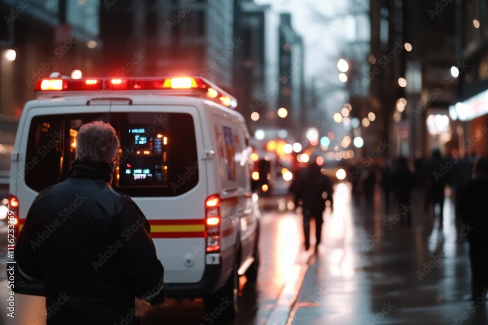 An emergency scene in a bustling urban environment, featuring an ambulance with flashing lights, showcasing the urgency and dedication of healthcare responders at night. An emergency scene in a bustling urban environment, featuring an ambulance with flashing lights, showcasing the urgency and dedication of healthcare responders at night.
