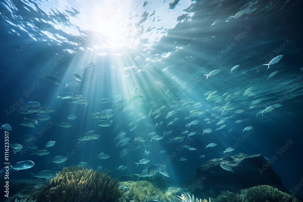 Fototapeta premium A underwater view of fish swimming gracefully overhead, illuminated by beams of sunlight penetrating the crystal-clear water