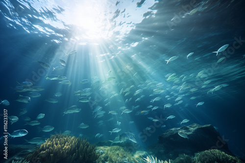 Wallpaper Mural A underwater view of fish swimming gracefully overhead, illuminated by beams of sunlight penetrating the crystal-clear water Torontodigital.ca