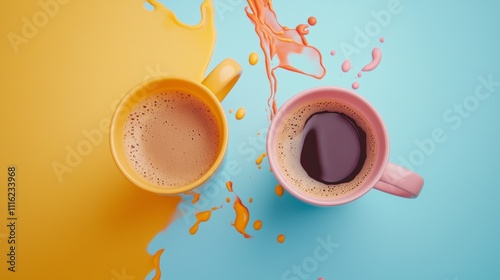 Top view of two colorful coffee mugs with splashes on vibrant backgrounds photo