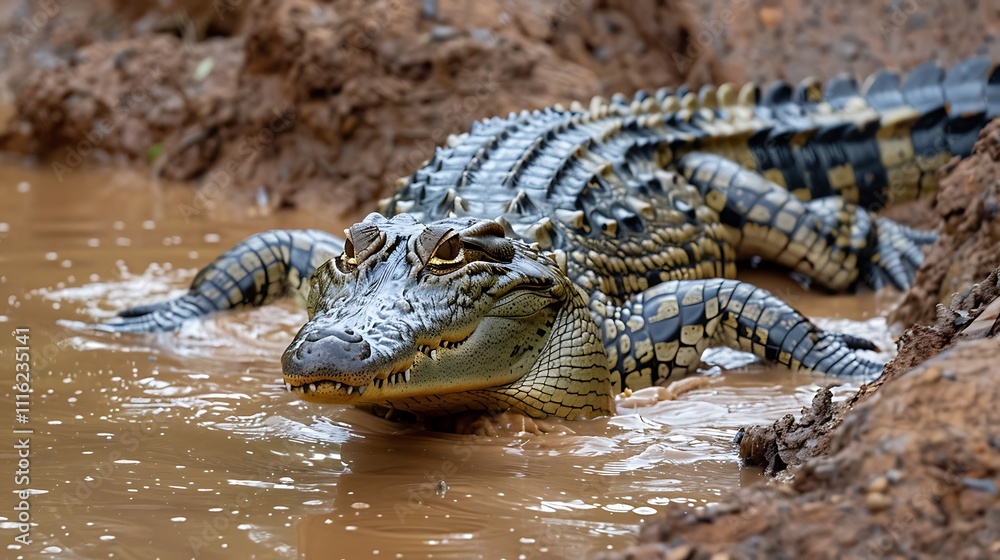 Fototapeta premium Crocodile lurking under a muddy riverbank