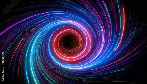 Abstract neon light spiral effect on black