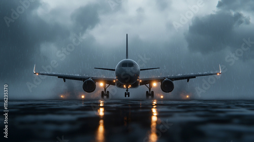Dramatic shot of airplane on runway during a storm, highlighting powerful engines and landing lights against dark skies.