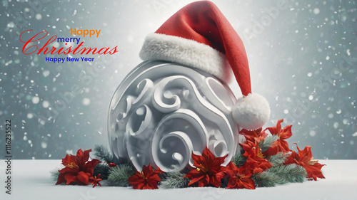 Happy Merry Christmas and Happy New Year background with Santa hat and flower