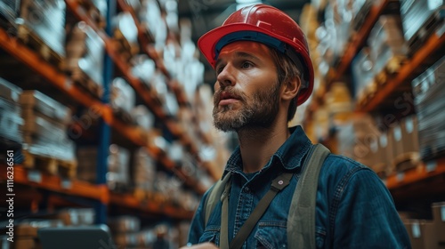 Handsome Male Worker in Hard Hat Using Digital Tablet in Retail Warehouse photo