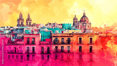 Vibrant watercolor painting of cadiz, spain, showcasing colorful buildings and prominent churches under a sunset sky