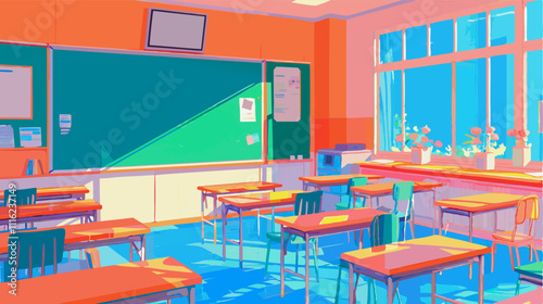 Vibrant vector illustration of an empty classroom bathed in sunlight, featuring colorful desks, chairs, a chalkboard, and a window with potted plants