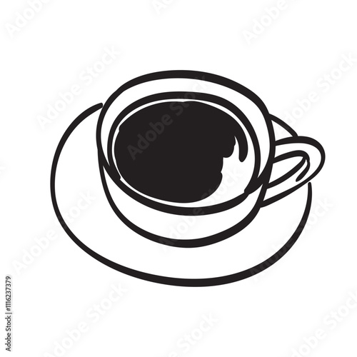 Coffee cup line art style doodle drawing. Outline drawing of cup of coffee isolated on white background. Breakfast or brunch illustration for menu. Line art for cafe or restaurant poster, placard.