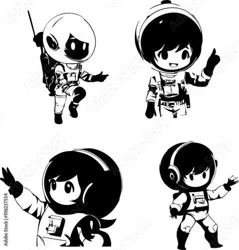Four cartoon astronauts wearing spacesuits are posing in various dynamic positions, creating a playful and adventurous scene, perfect for space-themed projects