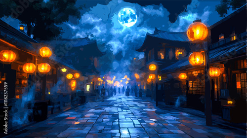 People walking down an old town street at night, illuminated by colorful paper lanterns, with a full moon in the background