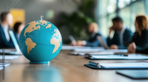 A globeshaped conference table, surrounded by professionals of diverse backgrounds engaged in strategy discussions photo