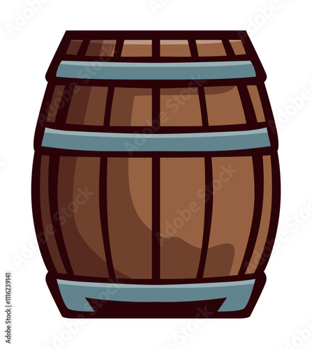 An illustration of a classic wooden barrel, brown in color with aged wood texture