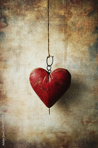 A red heart hanging from a string on a piece of paper. 
