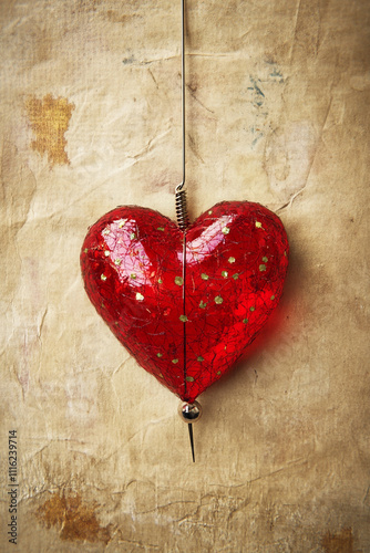 A red heart hanging from a string on a piece of paper. 
