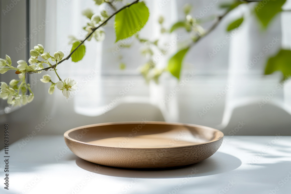A close-up of a round wooden plate on a white surface bathed in soft natural light A close-up of a round wooden plate on a white surface bathed in soft natural light