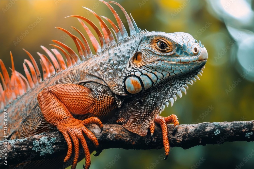 Obraz premium A vibrant iguana perched on a branch in a lush environment.