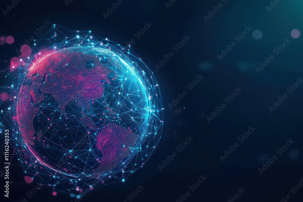 Obraz premium A concept of global networking visualized as interconnected glowing spheres, abstract digital art, soft gradients, balanced composition, dynamic energy