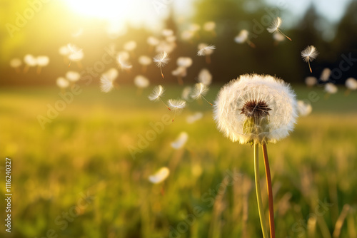 A close-up of a common dandelion in full bloom, its fluffy white seed head in the process of being blown by the wind