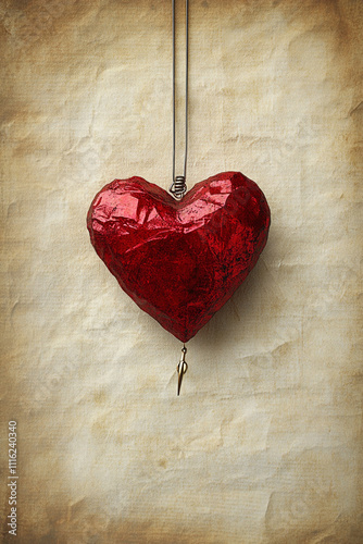 A red heart hanging from a string on a piece of paper. 
