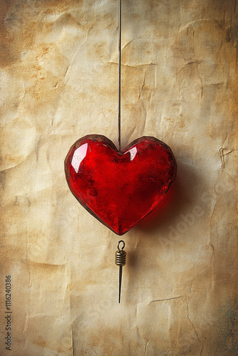 A red heart hanging from a string on a piece of paper. 
